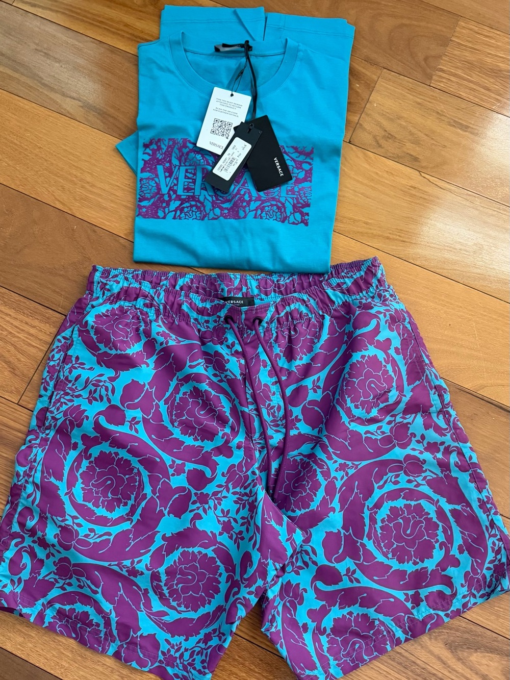 Versace Turquoise & Magenta Floral Logo Tee and Swim Shorts Set